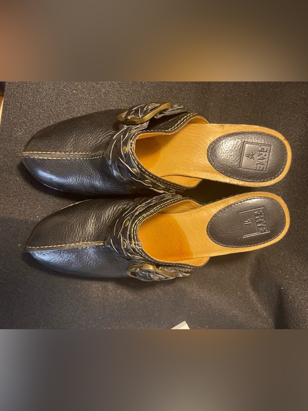 Frye Black Leather Slip-On Mule with Buckle Braid